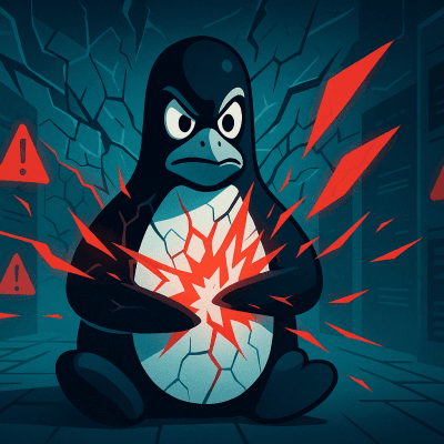 Illustration of Linux Tux under attack amid a zero-day style security incident