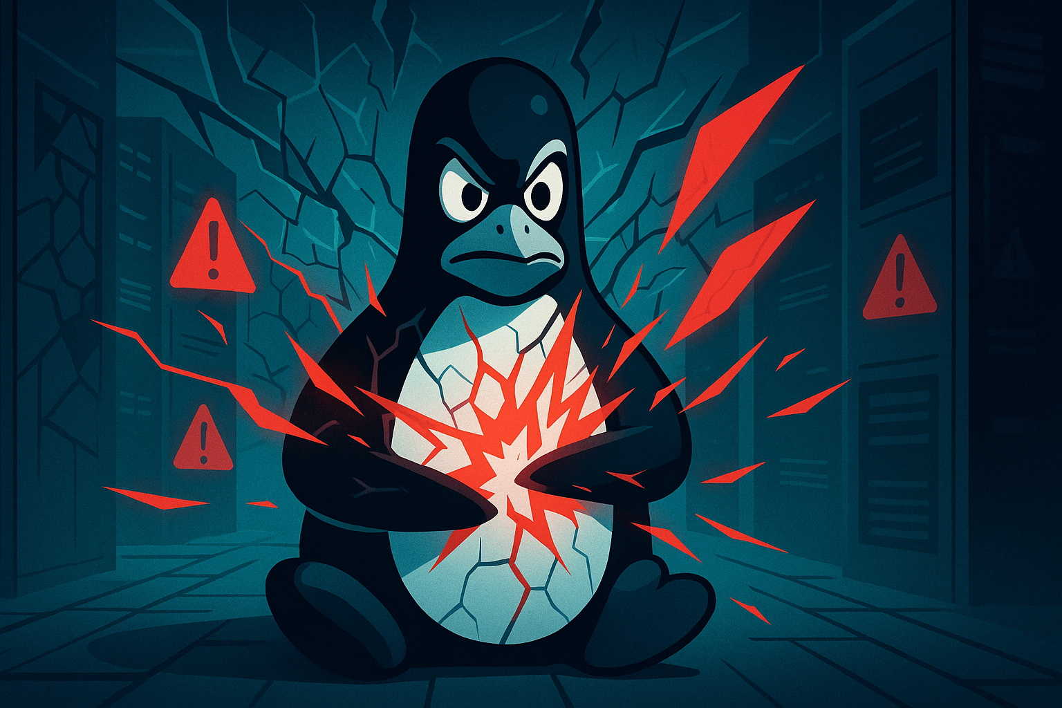 Illustration of Linux Tux under attack amid a zero-day style security incident