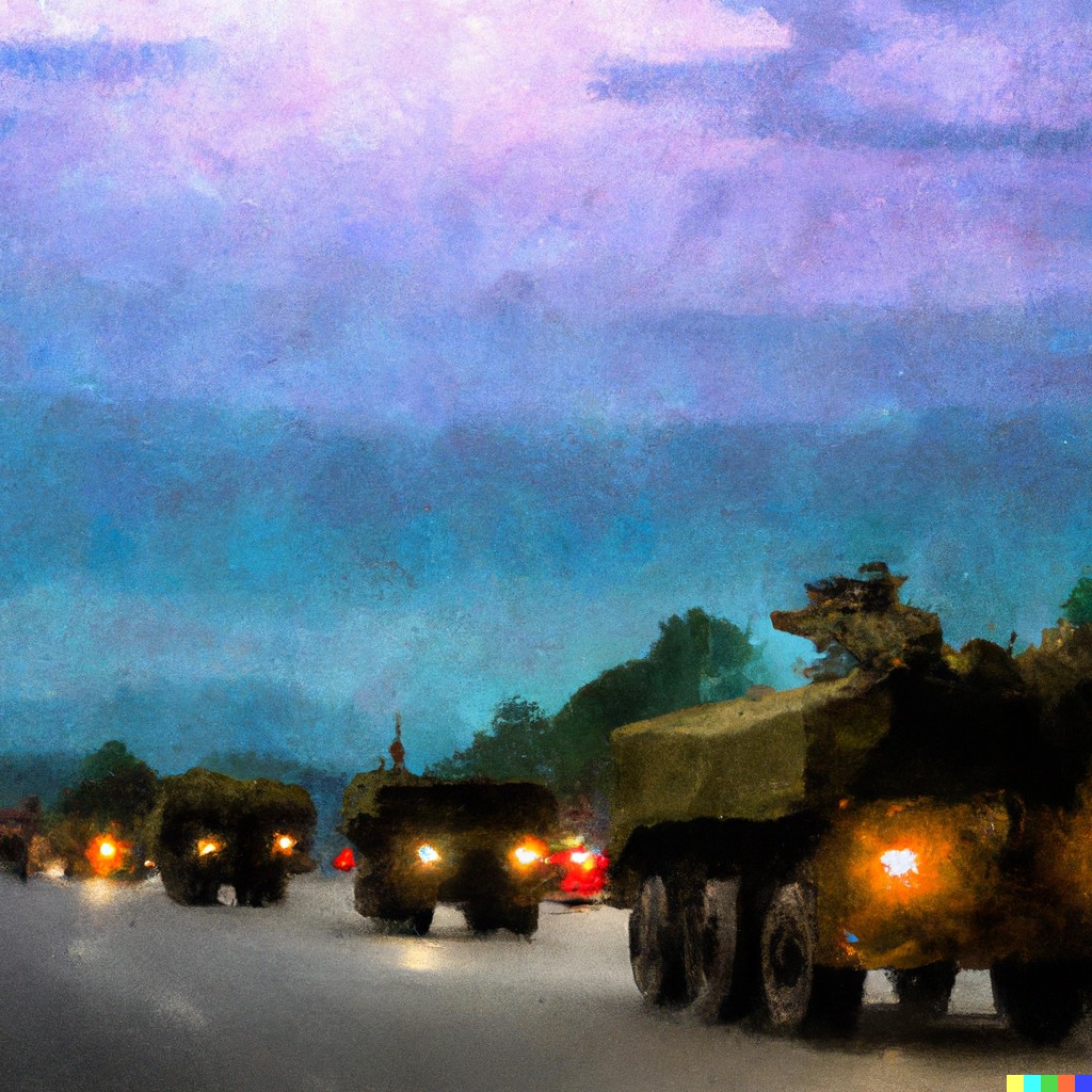 Military convoy at dusk