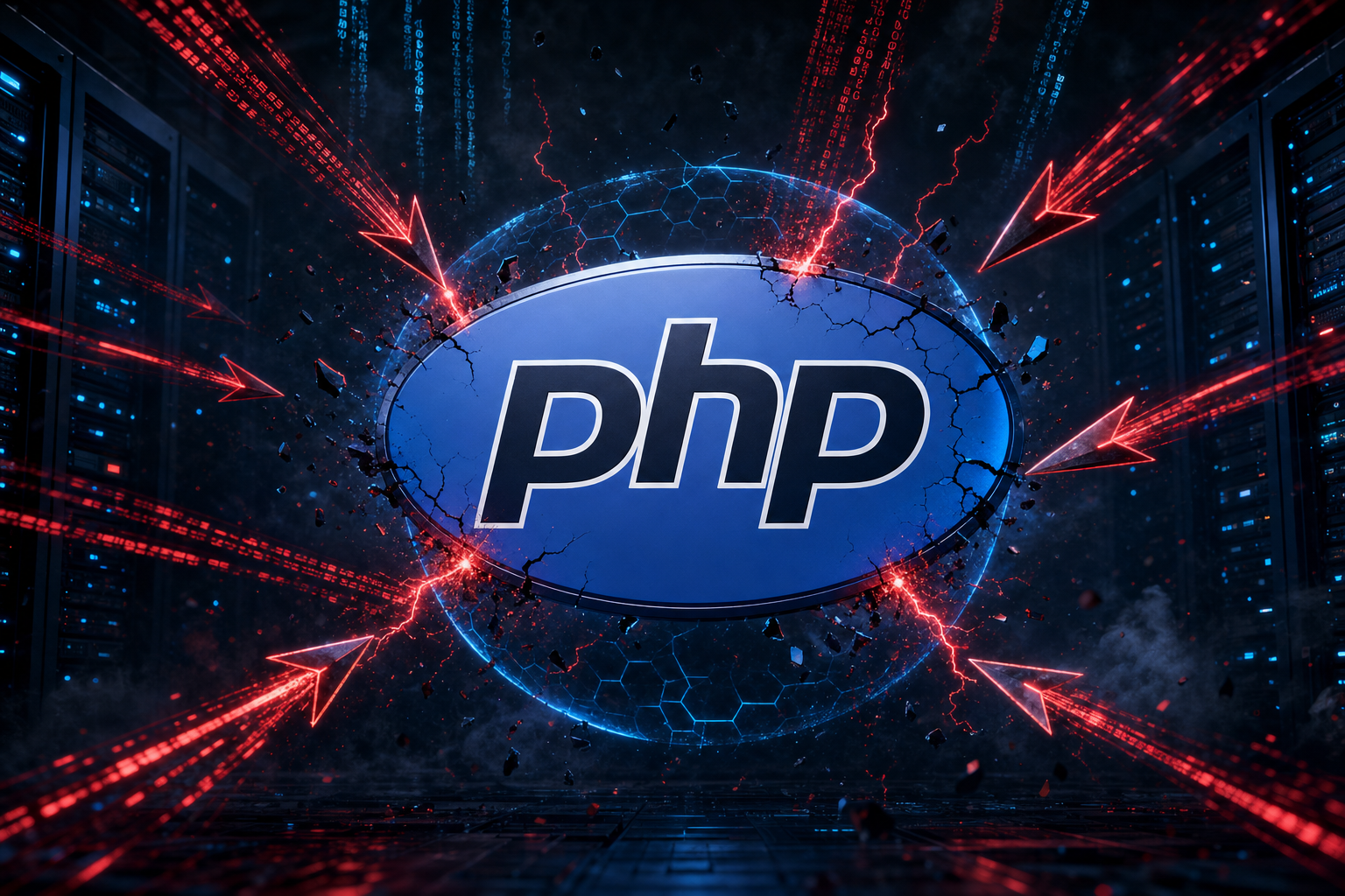 The blue PHP logo under attack by red and cyan digital threat lines in a dark server room