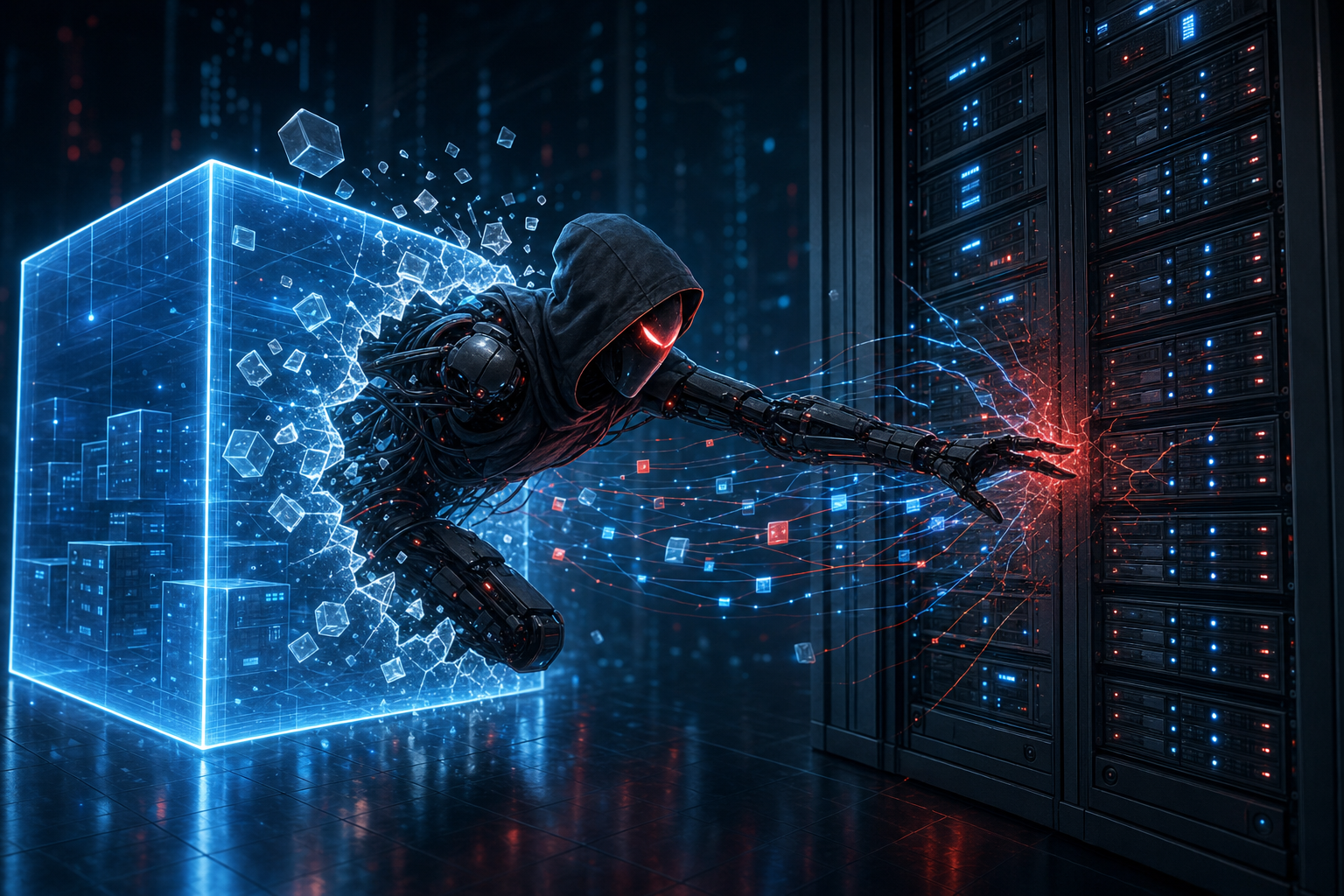A malicious hacker bot breaking out of a virtual machine boundary into a host server