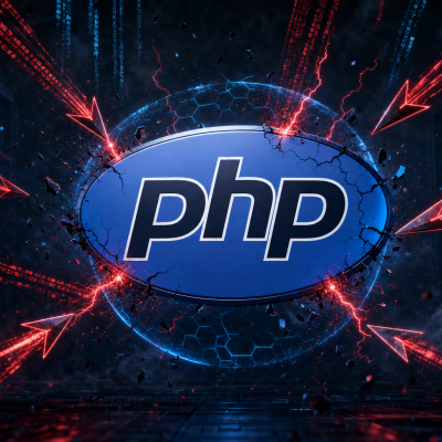 The blue PHP logo under attack by red and cyan digital threat lines in a dark server room