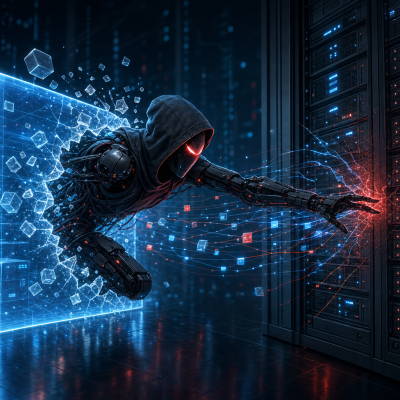 A malicious hacker bot breaking out of a virtual machine boundary into a host server